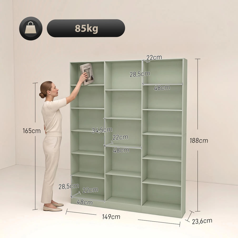 Libreria a 6 Livelli con 17 Scomparti Verde, Mobile Scaffale Salvaspazio con Ripiani Regolabili per Casa e Studio, 149 x 23,6 x 188 cm