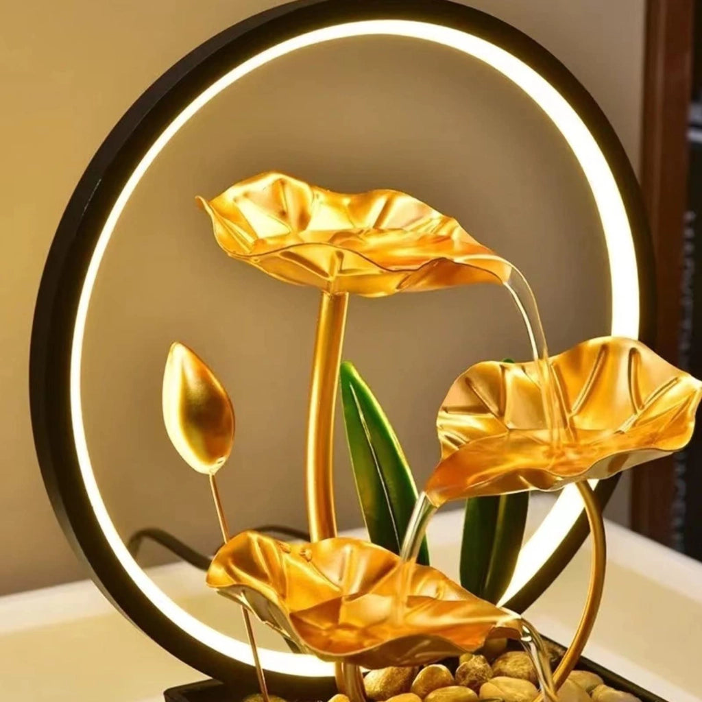 Fontana da tavolo a 3 livelli, con foglia di loto, illuminazione a LED e ciottoli