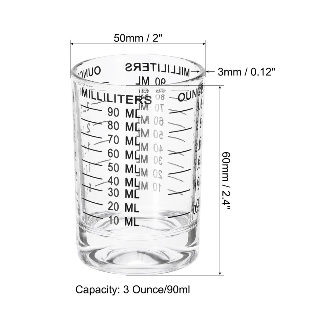 Misurino per shot da 90 ml, forma circolare, trasparente, robusto, con graduazione