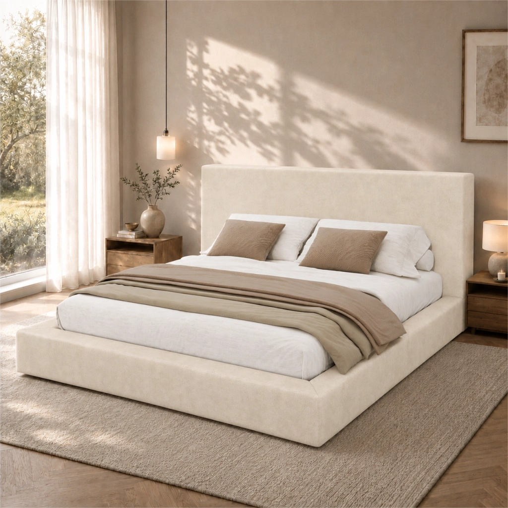 Letto Matrimoniale 160 x 200 cm, Rete a Doghe, Testiera Imbottita in Chenille Beige