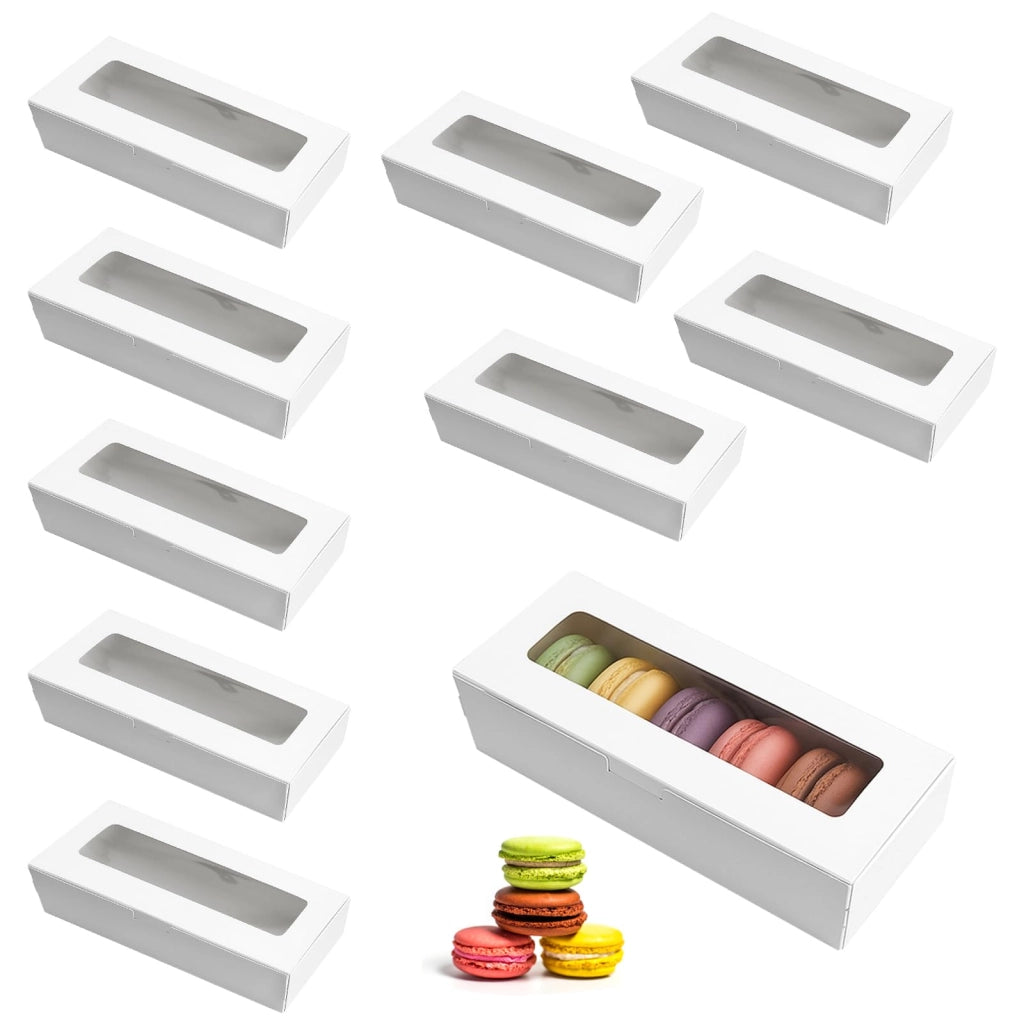 Scatola per macaron, 10 pezzi, trasparente, bianca, 20,5x7x5 cm, con finestra