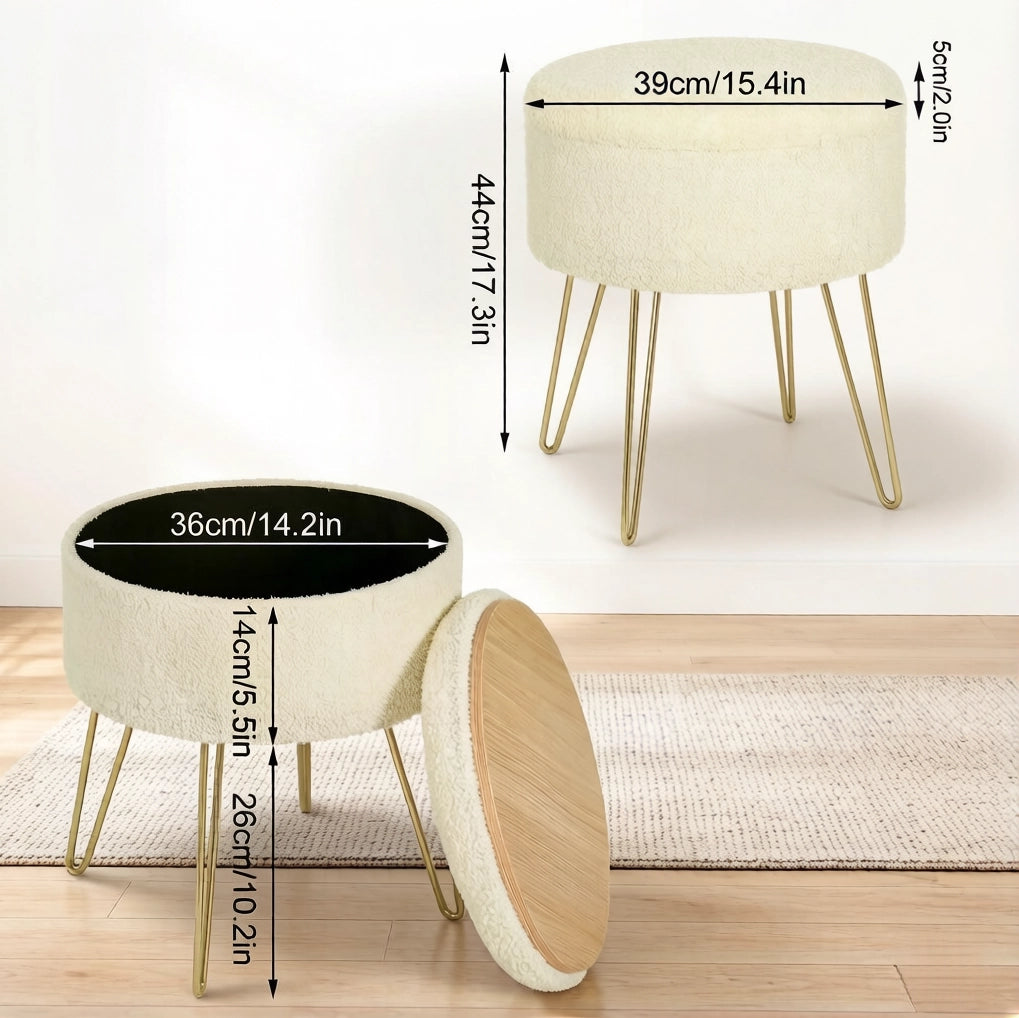 Pouf contenitore rotondo beige con vassoio, 39 x 44 cm