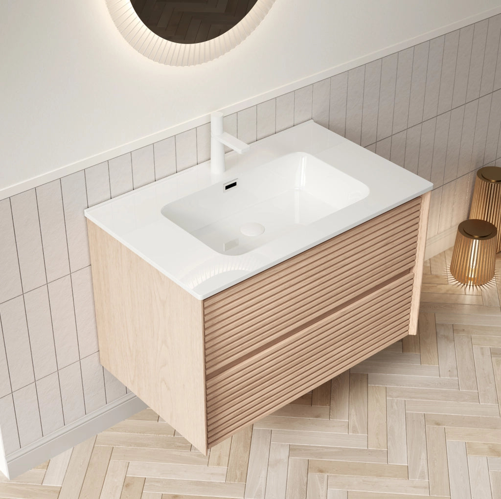 Mobile bagno da parete 81 cm con lavabo in ceramica bianca e armadietto in compensato effetto noce con 2 cassetti soft-close