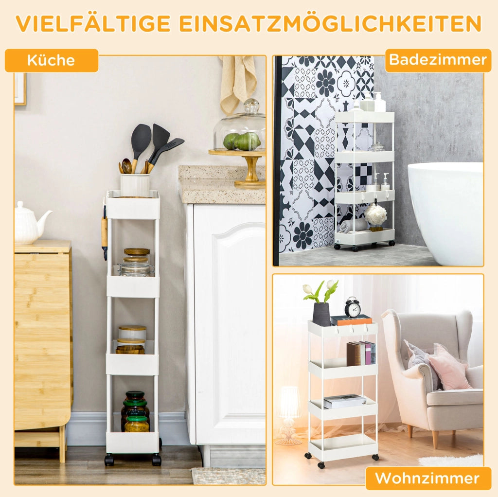 Carrello da cucina con 4 ripiani e ruote con freno, bianco, 40x19x90 cm