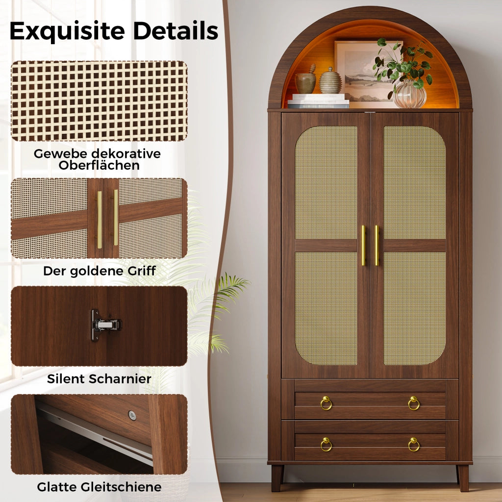Armadio con nicchia ad arco LED controllata da app ante con decoro rattan e 2 cassetti noce 76 × 50 × 184 cm