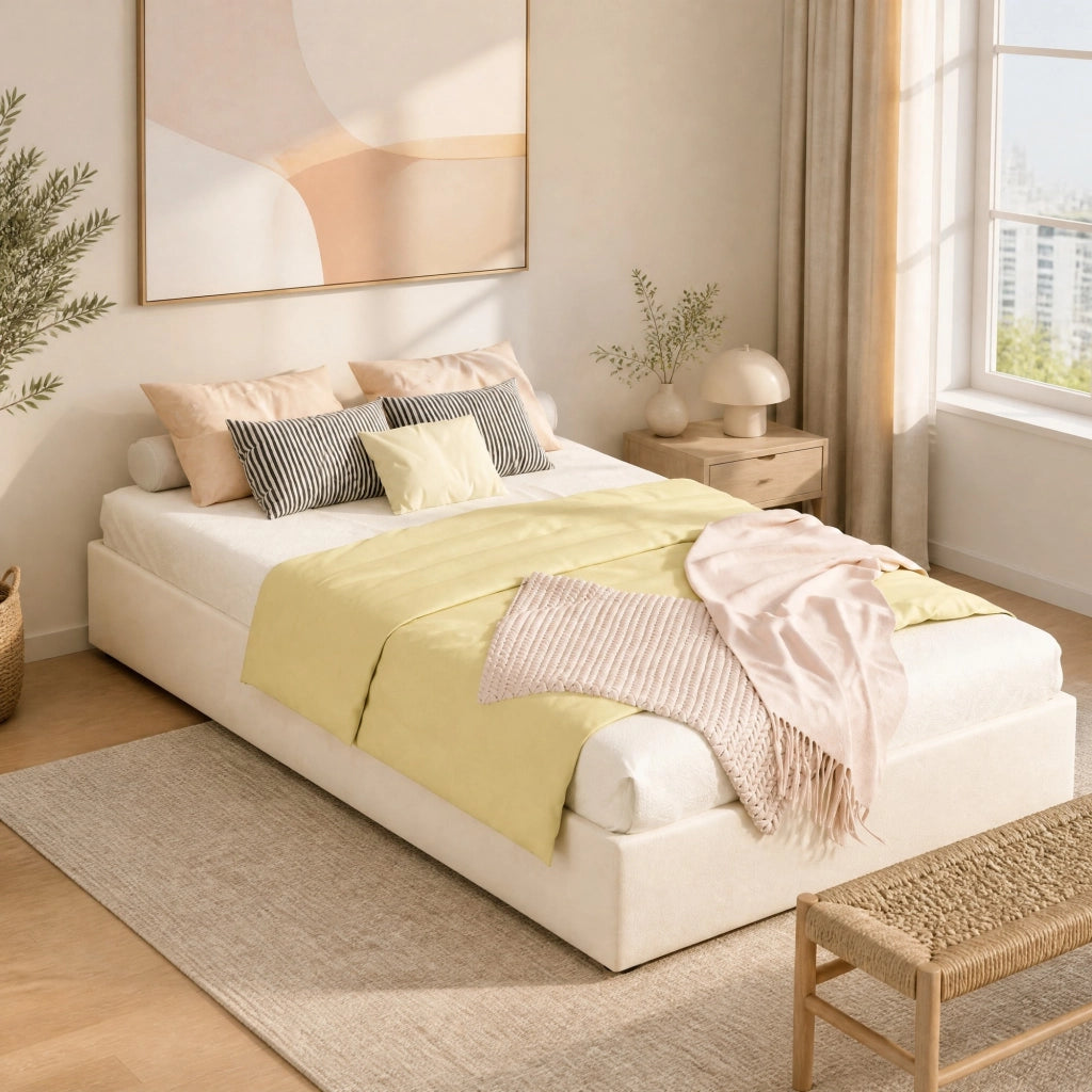 Letto singolo 90x200 cm con contenitore a sollevamento pneumatico; tessuto beige e metallo