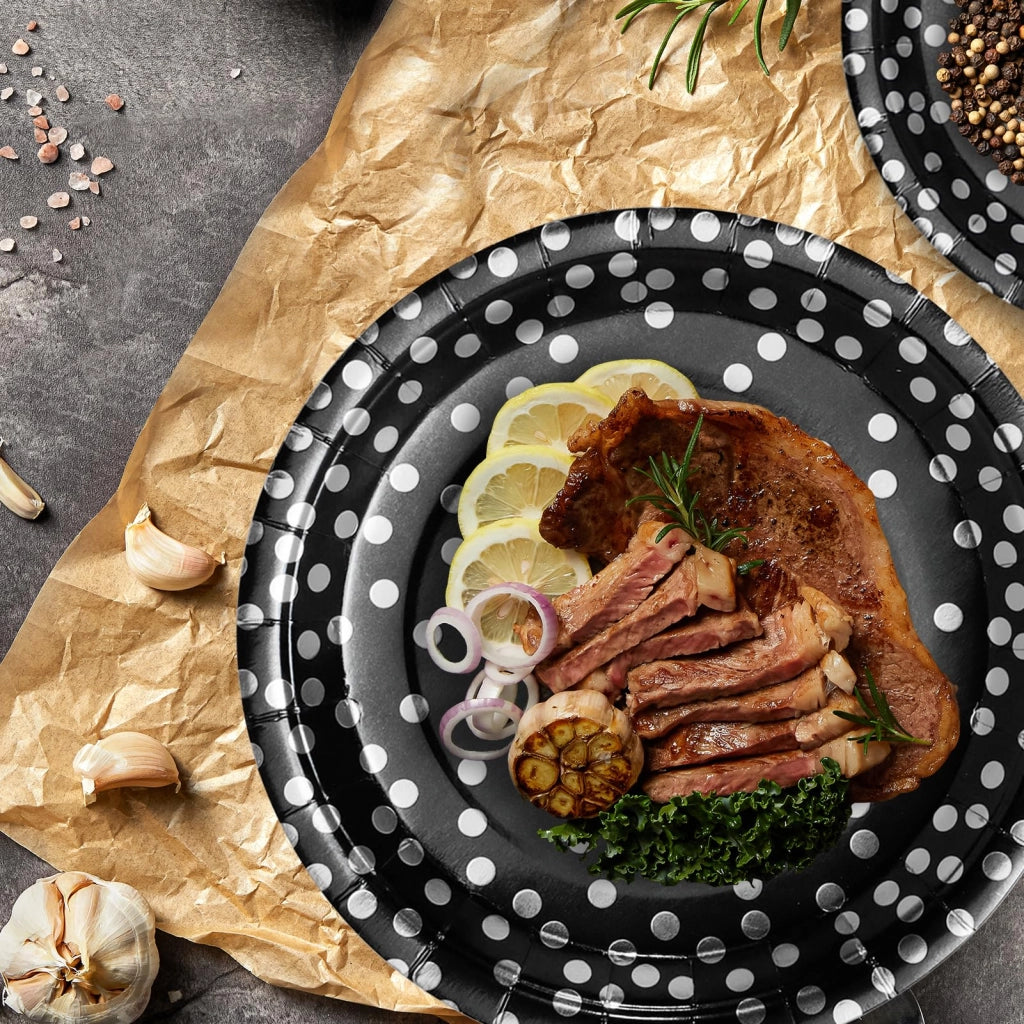 50 piatti di carta per cena, 23 cm – stoviglie usa e getta, nero e argento, con motivo a pois