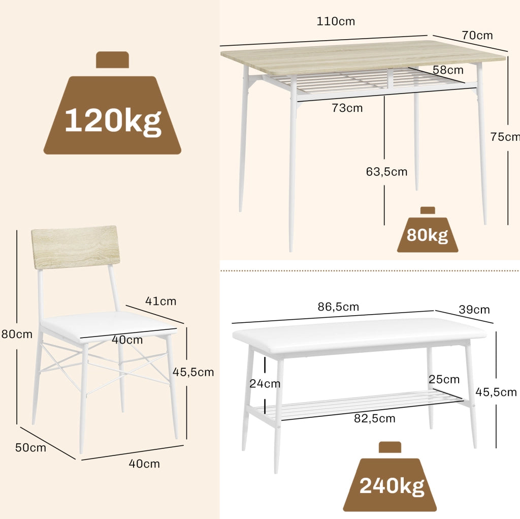 Set da pranzo 4 pezzi con tavolo 110x70 cm, 2 sedie e panca, struttura in acciaio e MDF, rivestimento in ecopelle color rovere