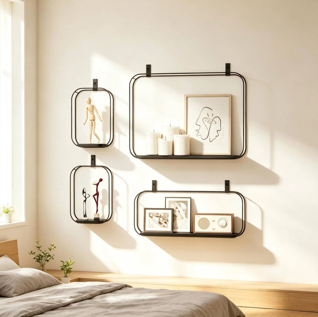 Set di 4 mensole da parete in metallo e MDF nere