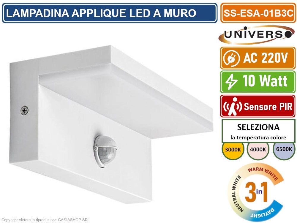 APPLIQUE LAMPADA LED DA MURO BIANCA 10W  SMD SENSORE PIR DI MOVIMENTO CCT 3IN1 CAMBIA COLORE DA ESTERNO IP54