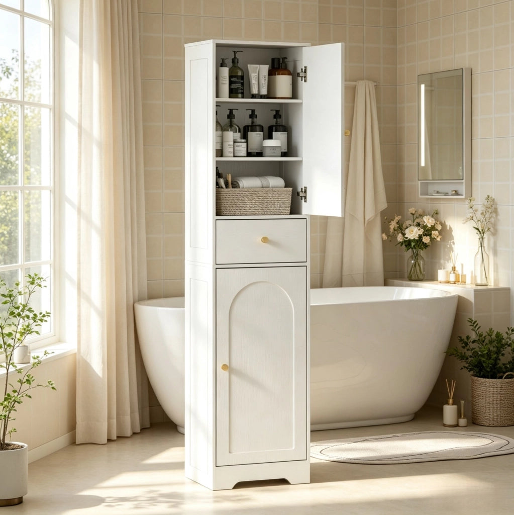 Mobile Colonna per Bagno in Truciolato Bianco 40x29,5x170 cm con Armadietti, Cassetto e Ripiani Regolabili