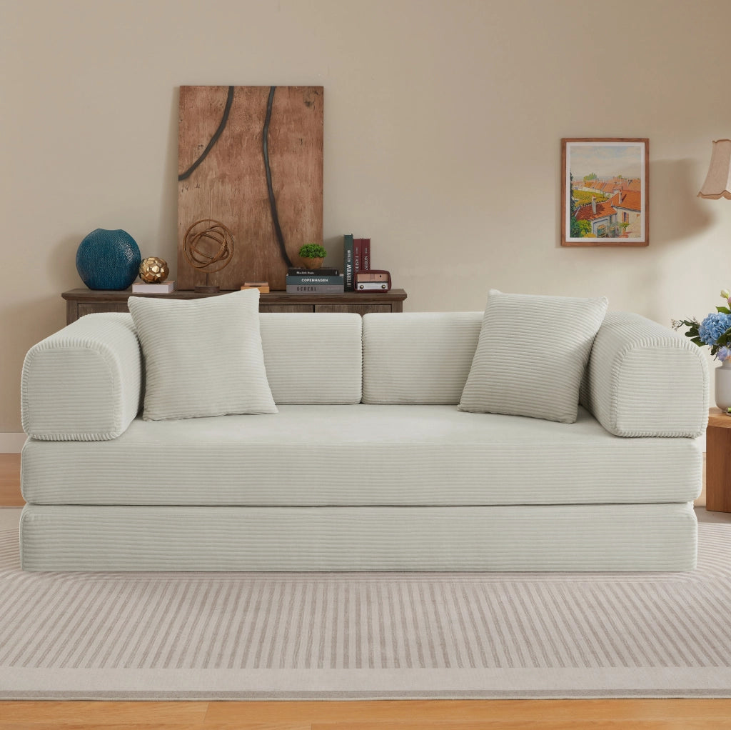 Divano letto pieghevole beige in schiuma con rivestimento in velluto a coste