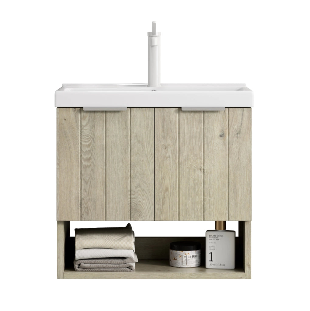 Mobile bagno sospeso con lavabo integrato in ceramica e doppia anta; bianco