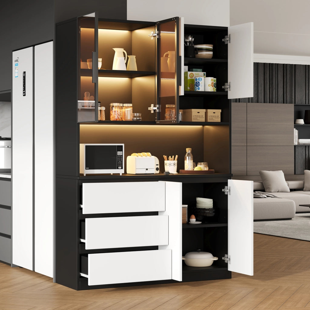 Credenza alta da cucina bianca e nera con LED, 120,5 cm