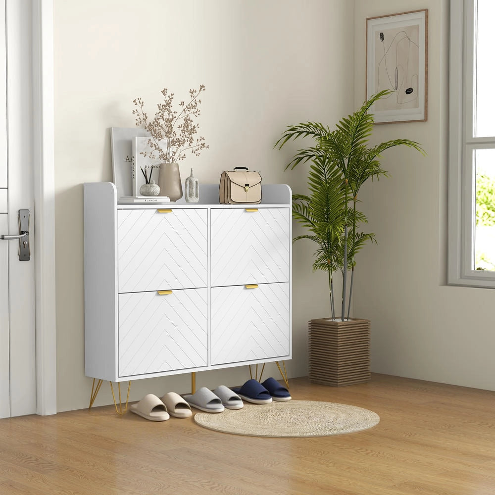 Scarpiera Salvaspazio a 4 Ante a Ribalta con Ripiani Regolabili, Mobile Porta Scarpe con Piedi in Acciaio Bianco 106 x 24 x 102 cm