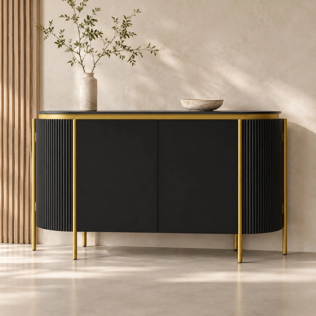 Credenza ovale nera in MDF con 4 ante e passacavi
