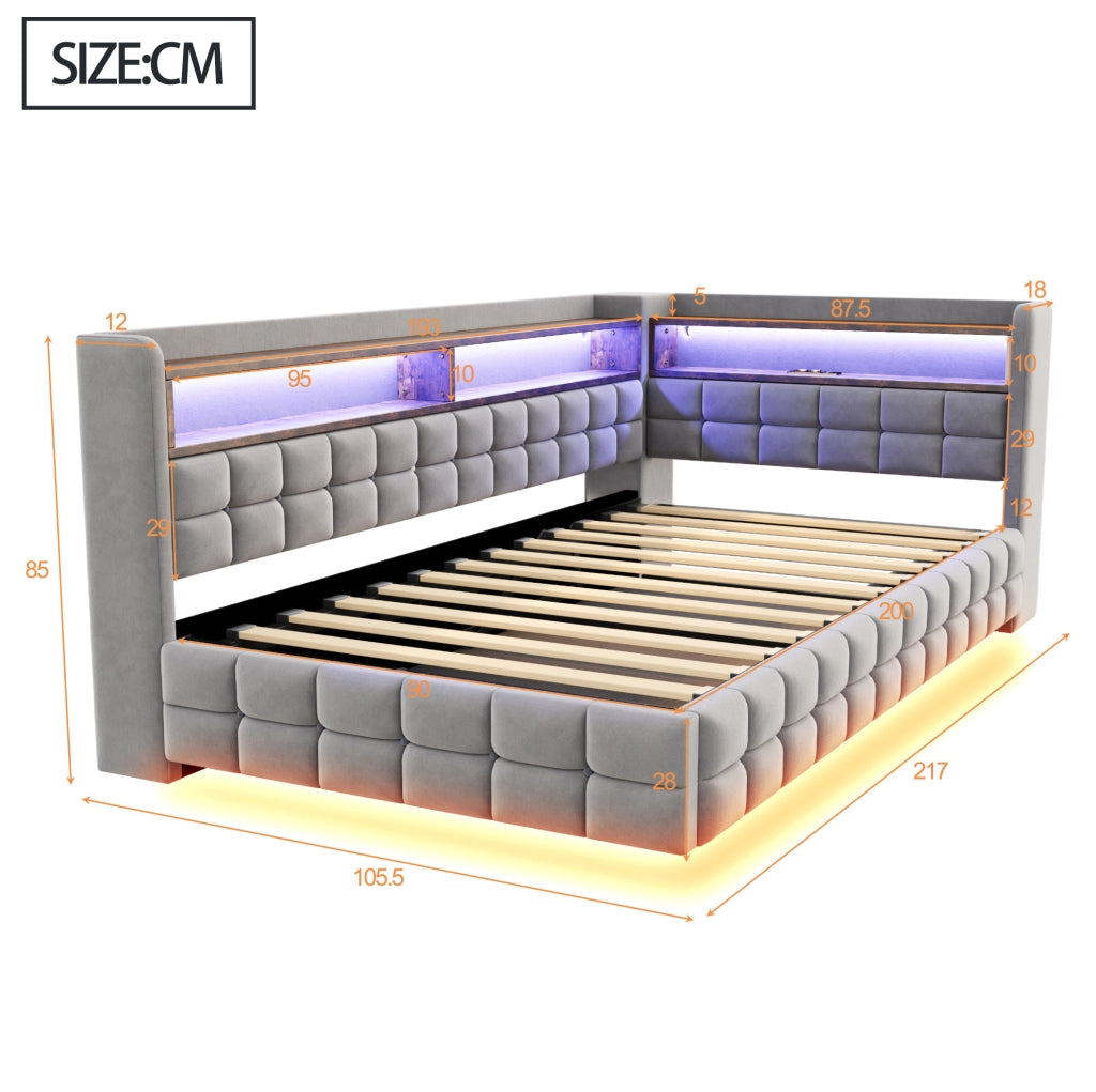 Divano letto imbottito 90 × 200 cm grigio chiaro con contenitore e LED