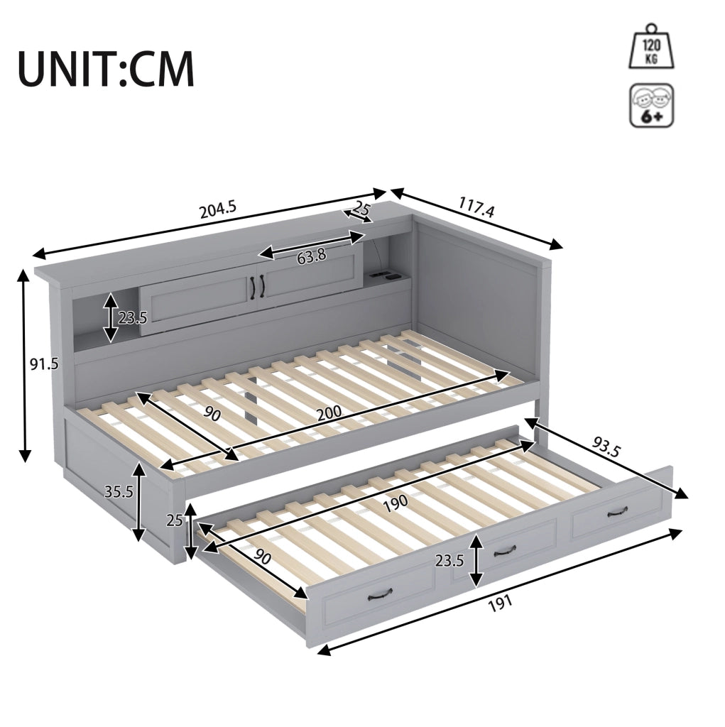 Divano letto 204,5x117,4x91,5 cm con letto estraibile, contenitore, LED e USB in truciolato grigio