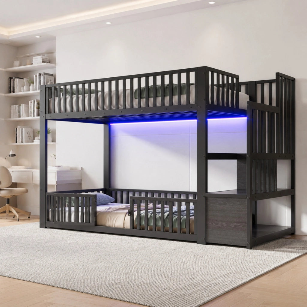 Letto a castello basso 90x200 cm con scala contenitore; LED e protezioni; nero
