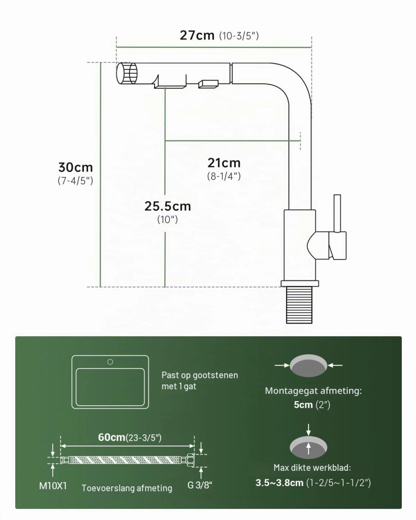 Miscelatore da cucina a tre vie, estensione di 60 cm, finitura spazzolata, rotazione a 360°