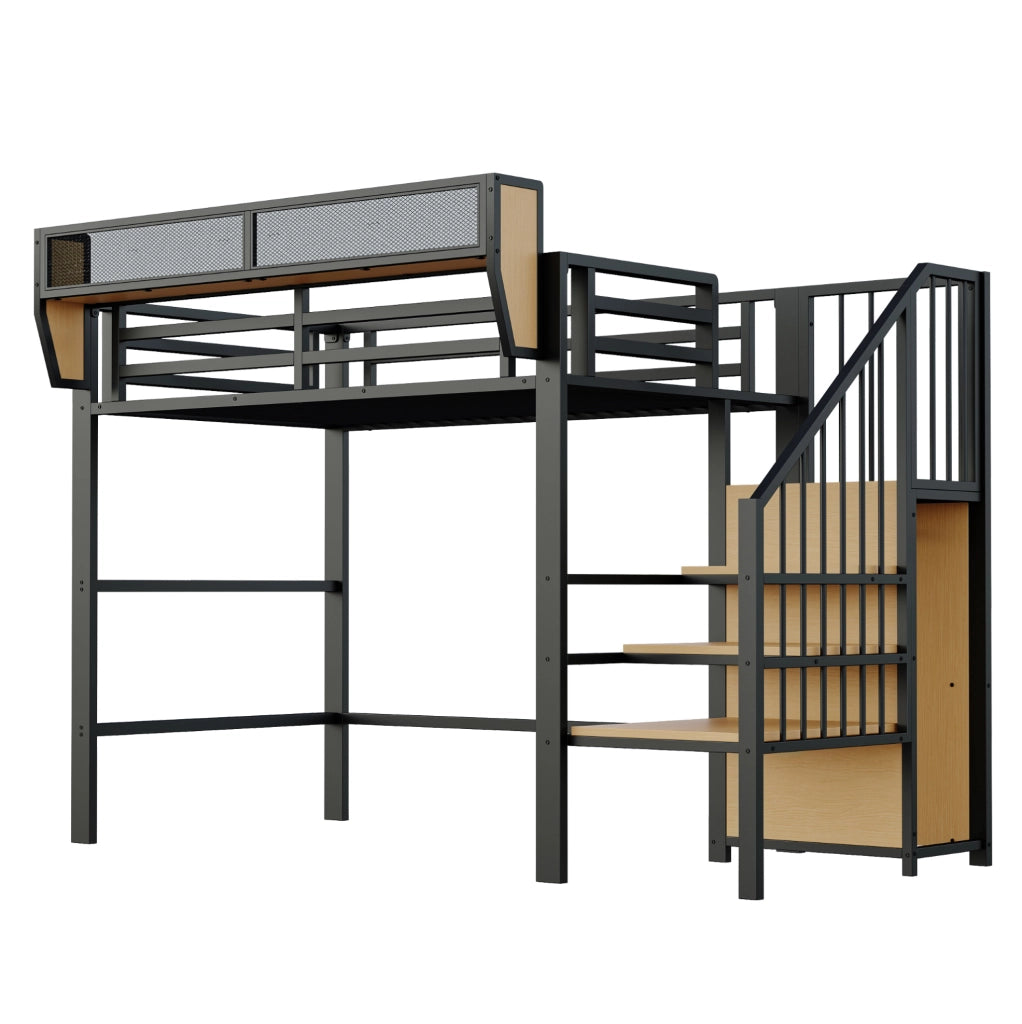 Letto a soppalco in metallo 90x200 cm con scala di sicurezza e ripiano modulabile, colore nero