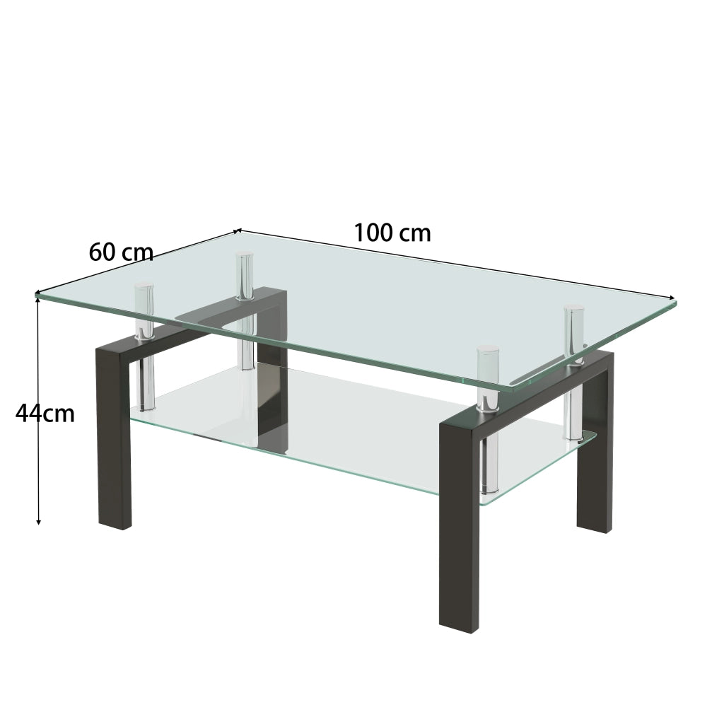 Tavolino da salotto 100 × 60 × 44 cm a due ripiani in vetro temperato trasparente e metallo dal design moderno