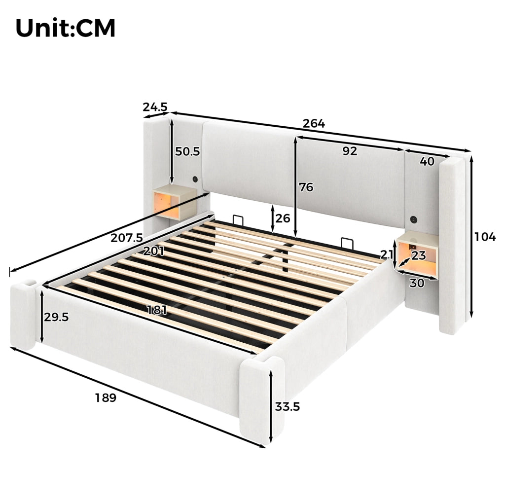 Letto imbottito beige 180 x 200 cm con contenitore idraulico e comodini LED
