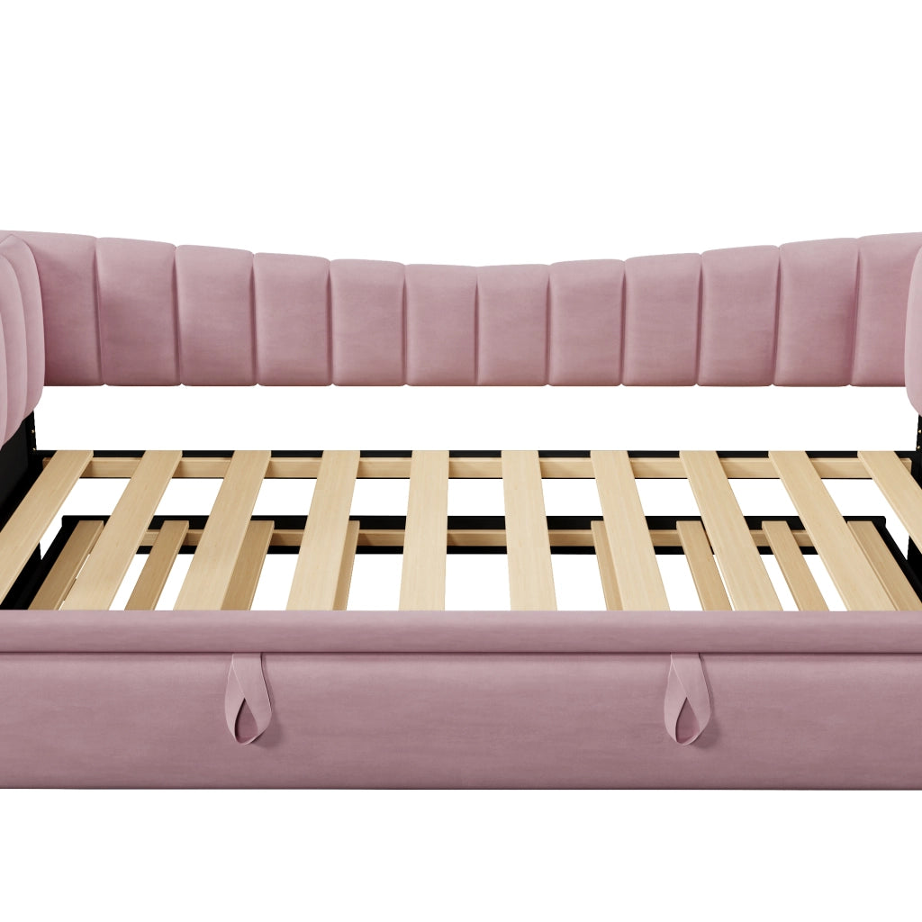 Divano letto 90 × 200 cm con letto estraibile rialzabile in velluto rosa e struttura in MDF