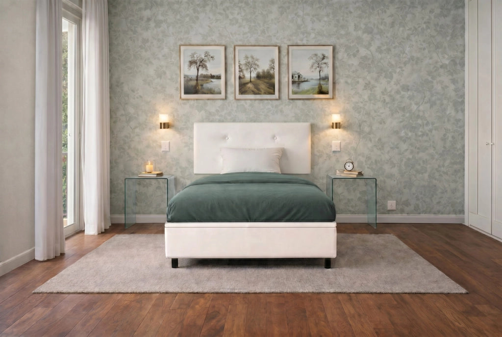 Letto Singolo Contenitore Imbottito 80x190 cm Similpelle Bianco BoxMax Testata Button