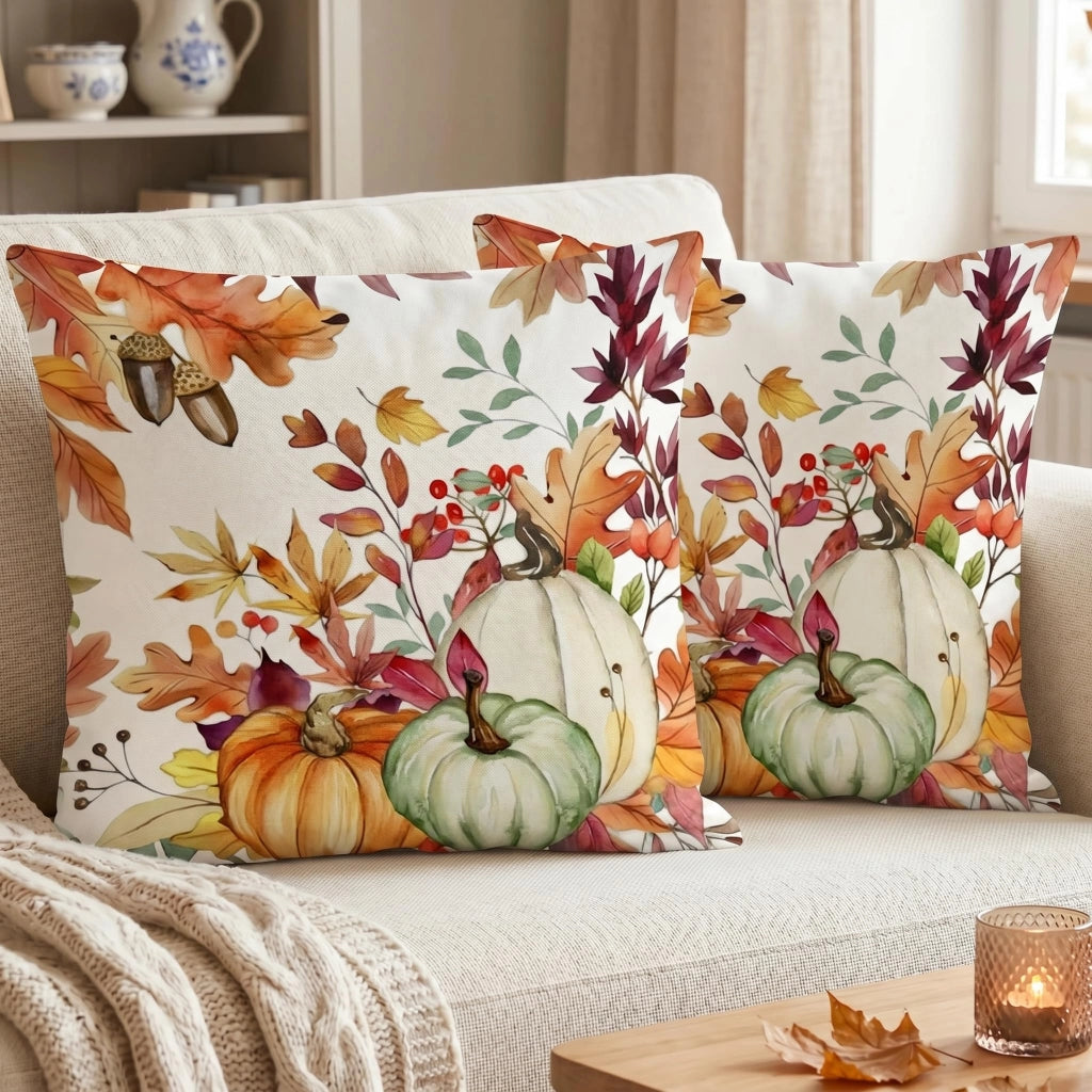 Set di 2 federe per cuscini, 40x40 cm, velluto, motivo autunnale: foglia d'acero e zucca, colore arancione