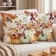 Set di 2 federe per cuscini, 40x40 cm, velluto, motivo autunnale: foglia d'acero e zucca, colore arancione