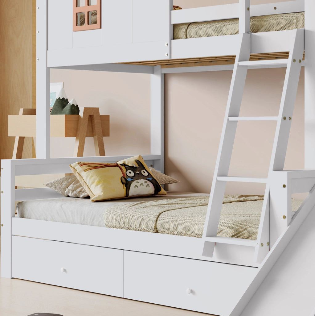 Letto contenitore per bambini 90x200+120x200 cm con scivolo, scala e rete a doghe in legno di pino bianco, senza materasso