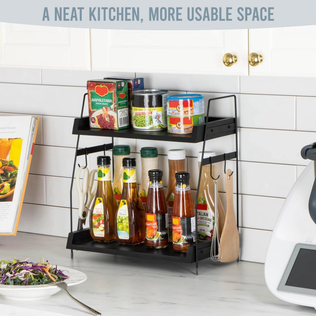 Organizzatore da cucina a 2 piani con ganci, dimensioni 35x19x38 cm, colore nero