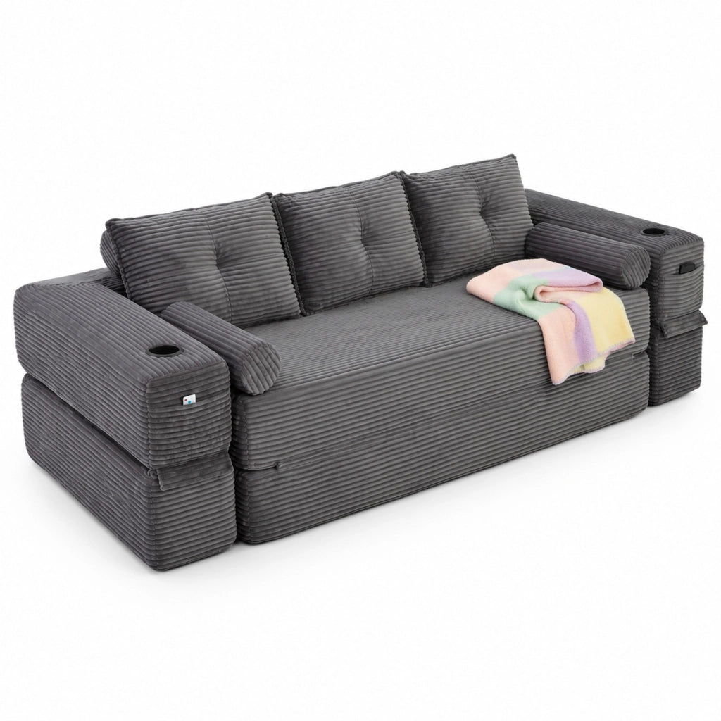 Divano letto modulare in velluto a coste grigio scuro 232 cm