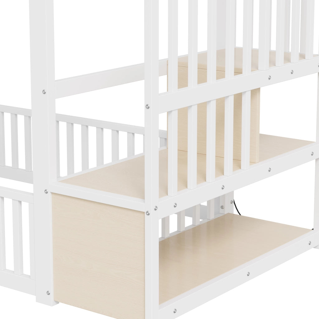 Letto a castello 90x200 cm; scala contenitore; LED; bianco