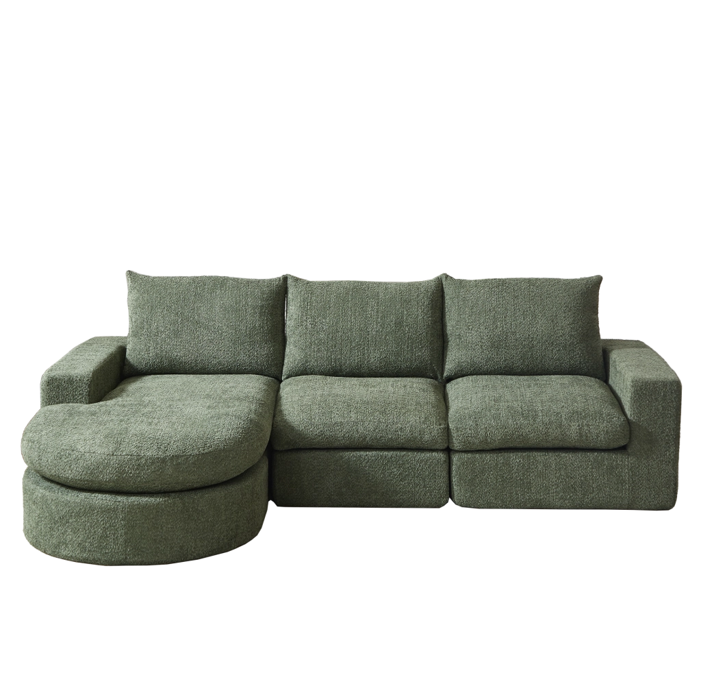 Divano modulare in ciniglia verde con chaise longue reversibile