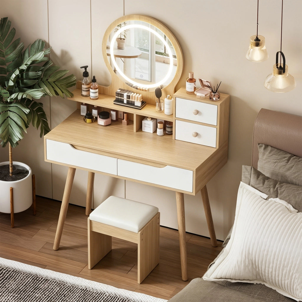Toeletta con specchio e illuminazione LED regolabile; sgabello imbottito; 2 cassetti e vani; MDF effetto legno naturale