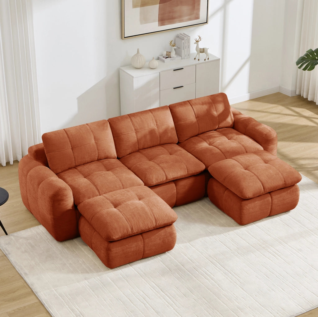 Divano modulare a U 264x160x68 cm in ciniglia arancione, 3 posti con 2 pouf