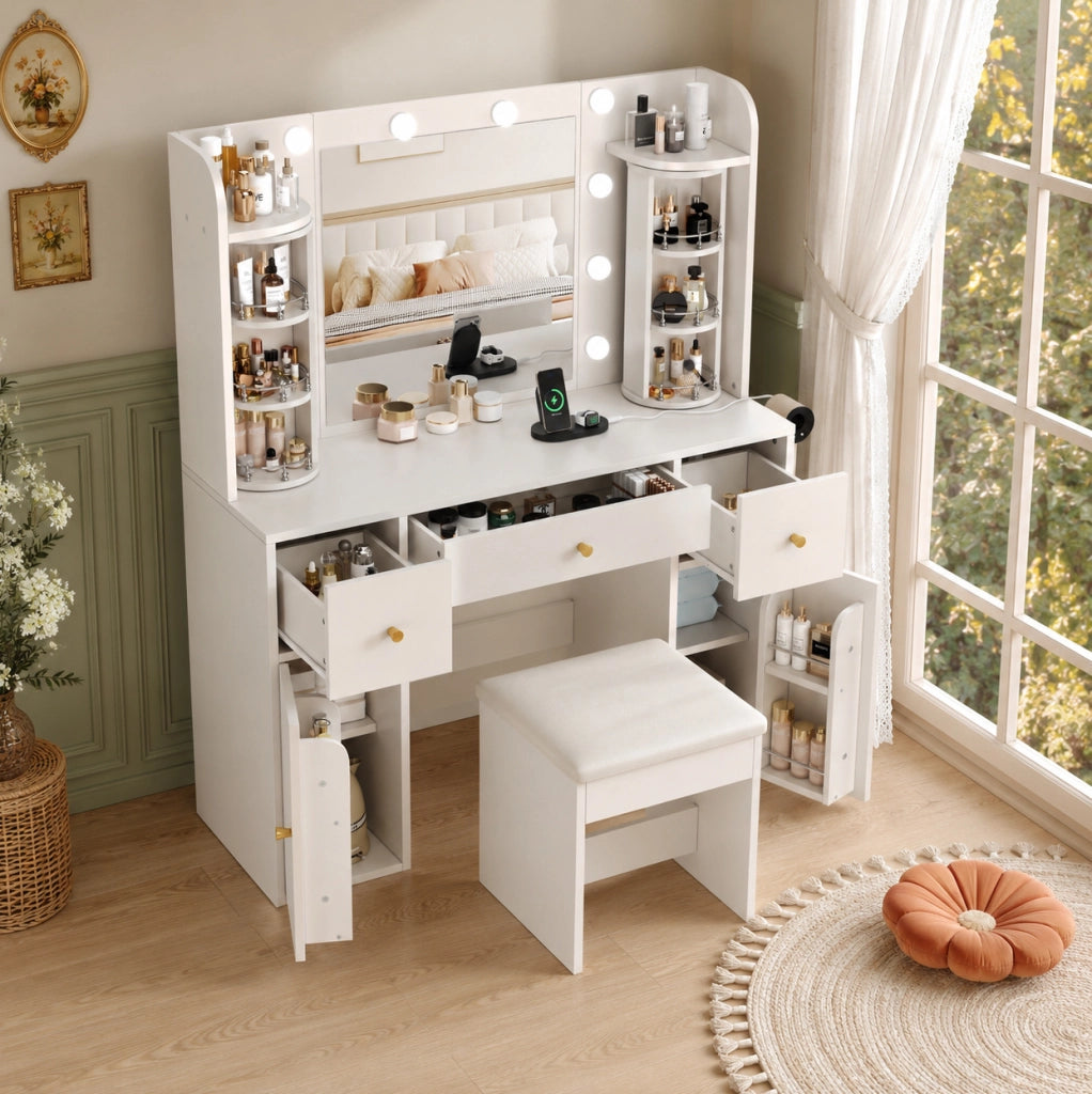 Toeletta bianca con specchio LED, organizer girevole e USB-C
