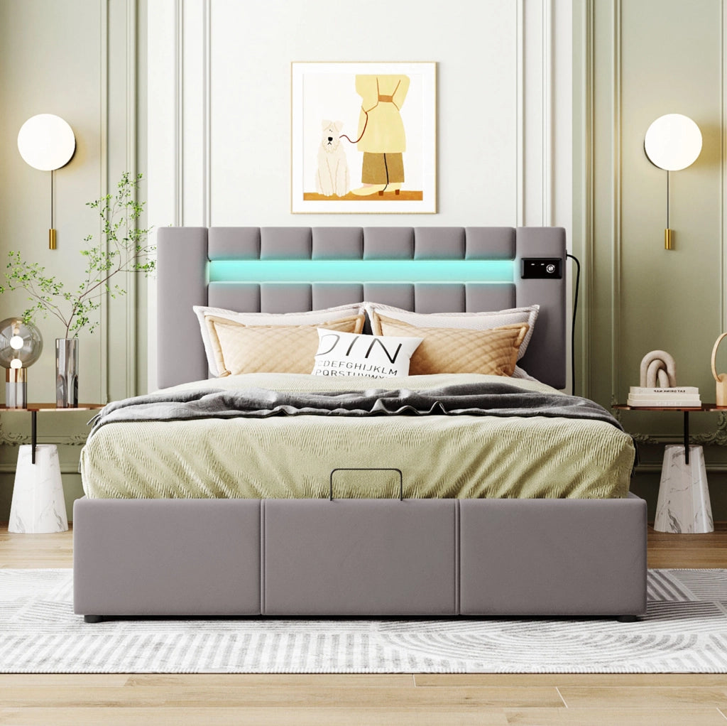 Letto matrimoniale con contenitore idraulico; LED; Bluetooth e USB; grigio