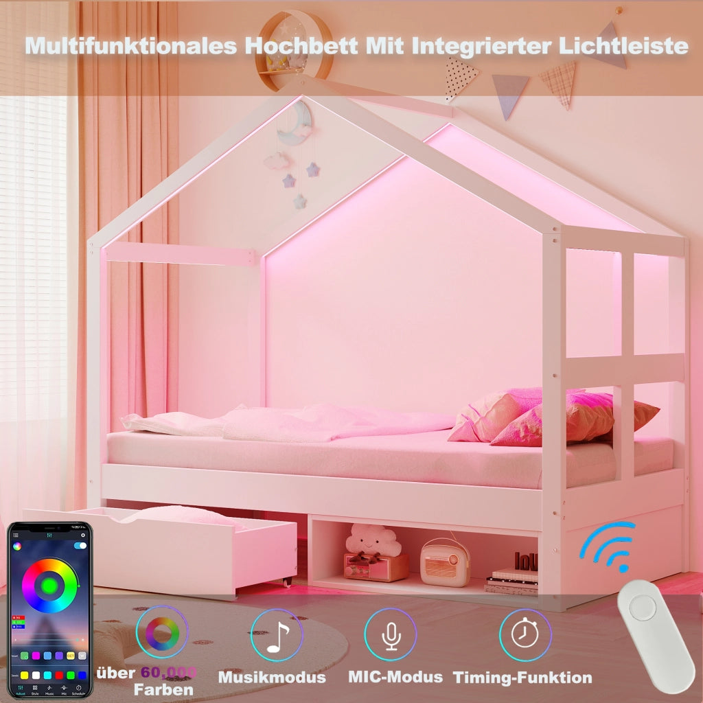 Letto singolo a casetta 90 × 190 cm con cassetti scarpiera LED multicolore in legno bianco con rete a doghe