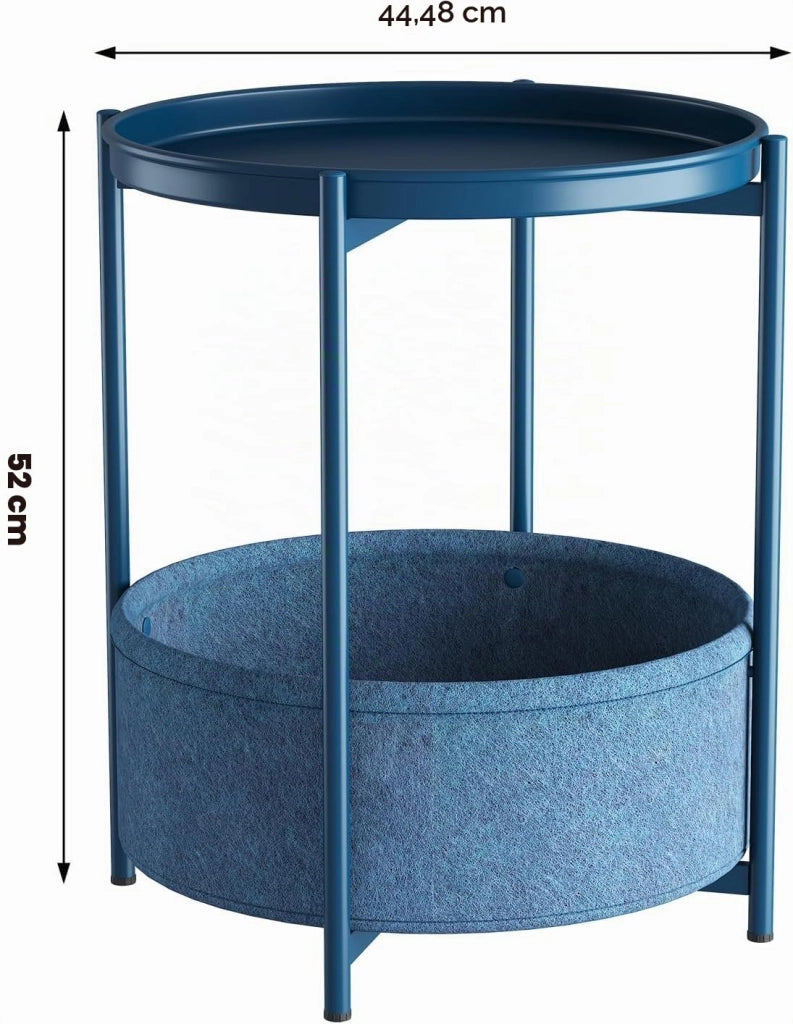 Tavolino rotondo con cesto in tessuto, colore blu, dimensioni 44,3 x 44,3 x 52 cm
