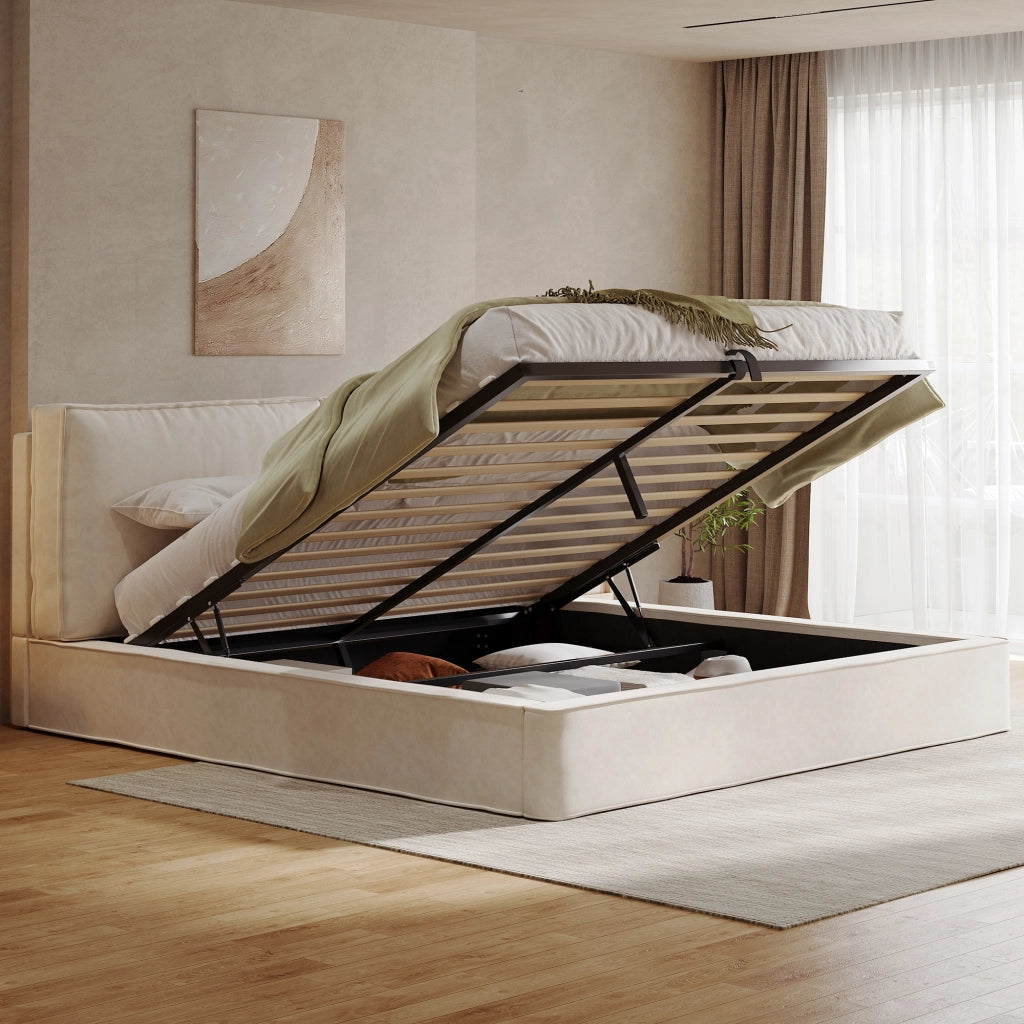 Letto matrimoniale 180 x 200 cm, letto contenitore con sollevamento idraulico, testiera in ciniglia beige