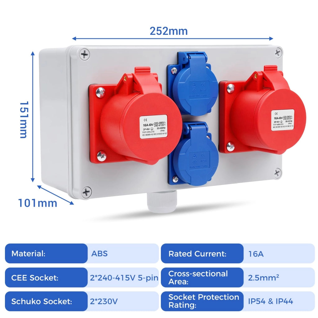 Distributore di corrente da 16 A, con 2 prese CEE, 2 prese Schuko, grado di protezione IP44/IP54, realizzato in ABS
