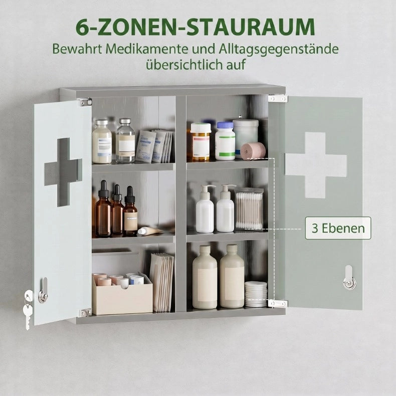 Armadio portamedicinali da parete in acciaio inox con porta in vetro satinato e serratura, 48 x 46 x 12 cm, argento
