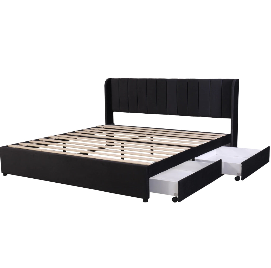 Letto imbottito 180x200 cm in velluto nero con rete a doghe e 2 cassetti