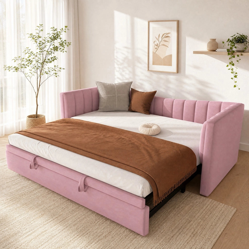 Divano letto 90 × 200 cm con letto estraibile rialzabile in velluto rosa e struttura in MDF