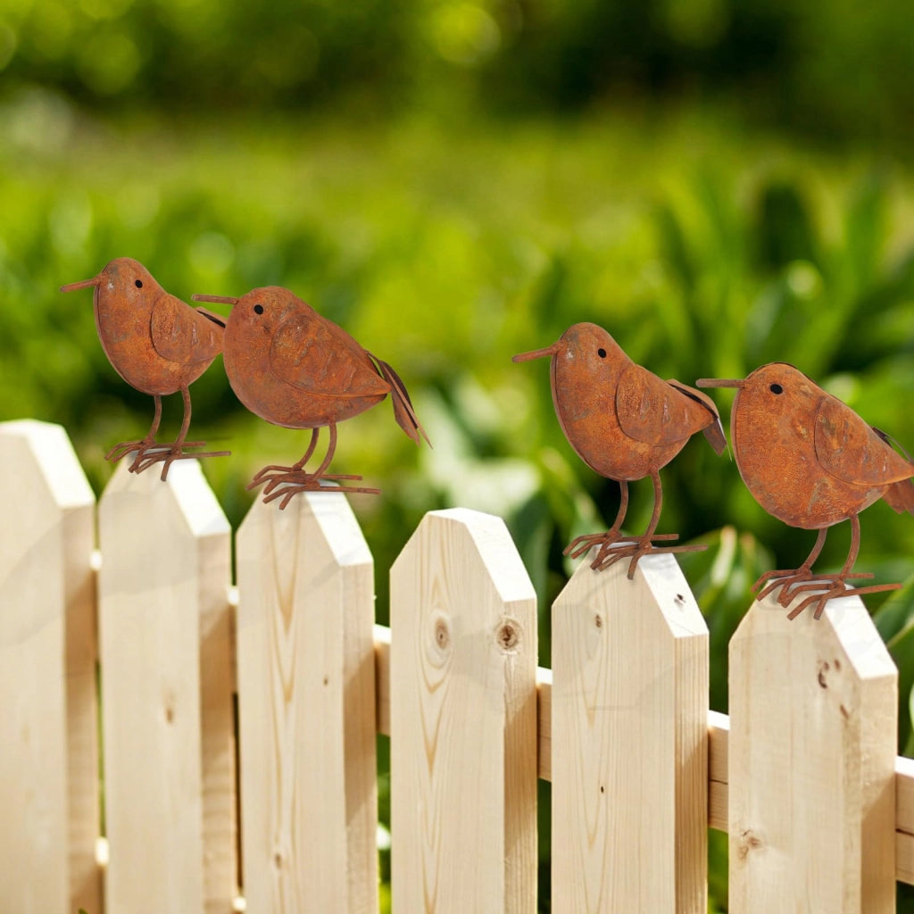Set di decorazioni per il giardino, composto da 4 uccelli in metallo arrugginito, resistenti agli agenti atmosferici, con un aspetto rustico