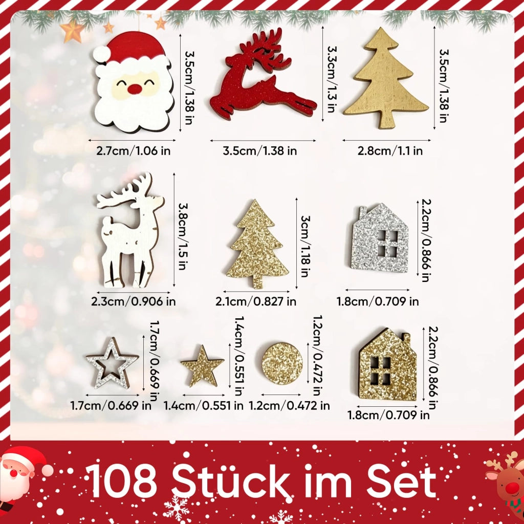 Decorazioni natalizie sfuse, set da 108 pezzi, legno, rosso, oro, argento