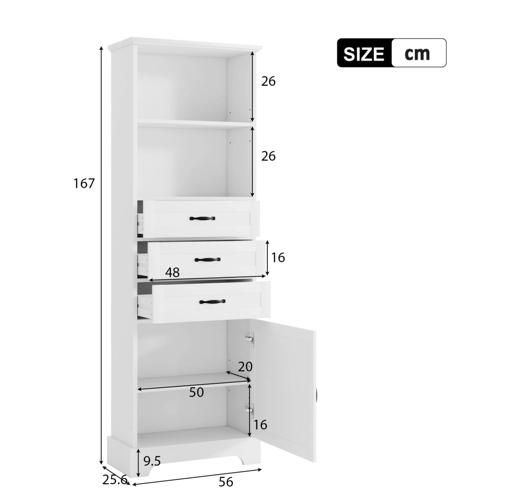 Mobiletto bagno 56 x 25,6 x 167 cm in MDF bianco, 3 cassetti